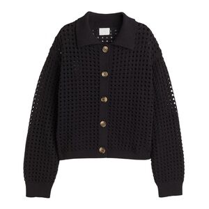 H&M Black Crochet Open Knit Polo Collar Long Sleeve Botton Down Cardigan Sweater